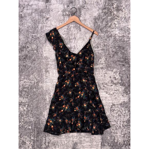 Sandro Paris Dress 2 / Medium Womens Black Silk Floral One Shoulder Ruffle Mini - Picture 1 of 8
